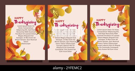 Kreative Thanksgiving-Karte mit abstraktem flüssigem Hintergrund und Blättern. Druckgrößensatz für das Konzept der Vorlage für die Geschenkkarte. Flüssiger abstrakter Hintergrund Stock Vektor