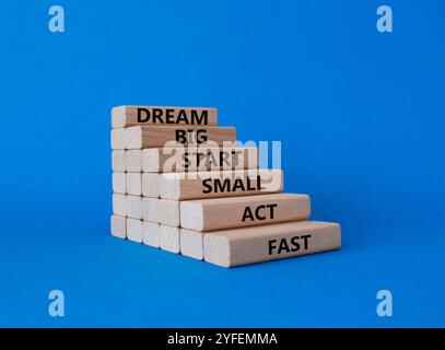 Dream Big Start Small Act Fast Symbol. Concept Words Dream Big Start Small Act Fast auf Holzblöcken. Wunderschöner blauer Hintergrund. Geschäftskonzept. Cop Stockfoto