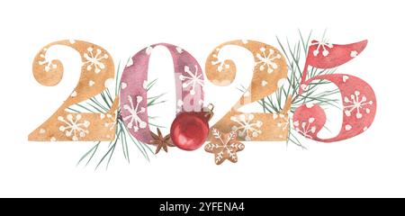 Neujahrskomposition 2024 mit Aquarellnummern und festlicher Einrichtung Stockfoto