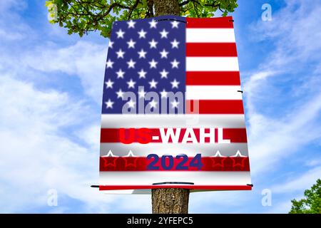 Augsburg, Bayern, Deutschland - 4. November 2024: US-Wahl 2024. Symbolisches Image für die Präsidentschaftswahl der USA und die Entscheidung zwischen Donald Trump und Kamala Harris am Tag der US-Wahl oder des Wahltages der Vereinigten Staaten von Amerika. FOTOMONTAGE *** US-Wahl 2024. Symbolbild für die Präsidentschaftswahl der USA und die Entscheidung zwischen Donald Trump und Kamala Harris am Tag der USA-Wahl bzw. Wahltag der Vereinigten Staaten von Amerika. FOTOMONTAGE Stockfoto