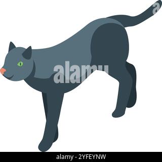 Illustration einer schwarzen Katze, die ihren Rücken wölbt und ein Gefühl von Spannung oder Verspieltheit erzeugt, in isometrischer Projektion Stock Vektor