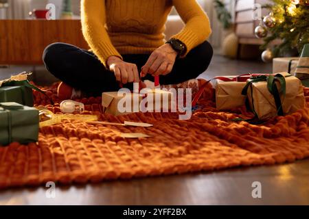 Weihnachtsgeschenke auf eine gemütliche Decke in der Nähe eines dekorierten Baumes zu Hause Stockfoto