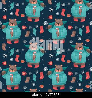 Nahtloses Weihnachtsmuster mit einem Bären mit einem Weihnachtsbaum im Pullover, festliche Elemente mit dunkelblauem Hintergrund. Illustrationen für Weihnachtsmotive Stockfoto