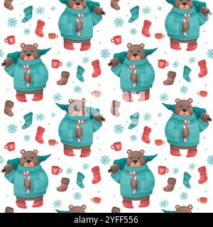 Nahtloses Weihnachtsmuster mit einem Bären mit einem Weihnachtsbaum im Pullover, festliche Elemente mit weißem Hintergrund. Illustrationen für Weihnachtsmotive Stockfoto