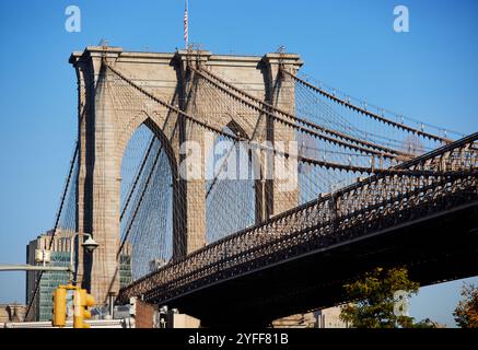 New York Brooklyn Bridge auf der Brooklyn Seite Stockfoto