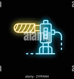Leuchtendes Neonsymbol eines Bohrgeräts, das Öl absaugt, isoliert auf schwarzem Hintergrund Stock Vektor