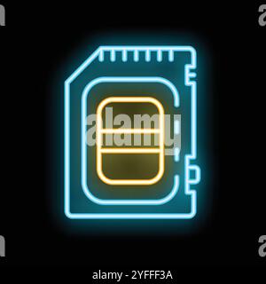 Das Symbol für die Leuchtneonlinie einer sim-Karte ist auf schwarzem Hintergrund isoliert Stock Vektor