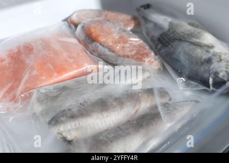 Verschiedene gefrorene Fische in Plastiktüten auf Kühlregal, Großansicht Stockfoto