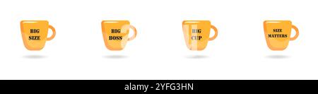 CUPS Vektorsatz. Boss Cup-Symbol. Große Bechergröße zählt. Satz von Symbolen für Becher mit Messmarkierungen. Ein stilvolles Set aus Geschenkbechern. Schriftzug auf einer Tasse Stock Vektor