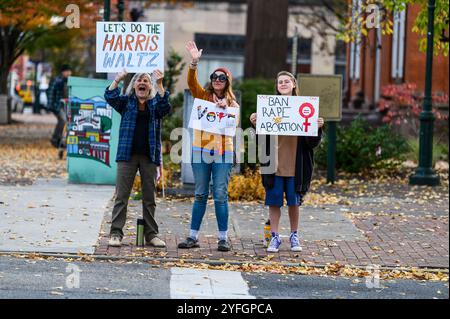 Carlisle, Pennsylvania, 4. November 2024. Anhänger der Harris Walz Demokratische Ticketbewegung wackeln Frauenrechtszeichen in Carlisle, PA, USA. John Lazenby/Alamy Live News Stockfoto