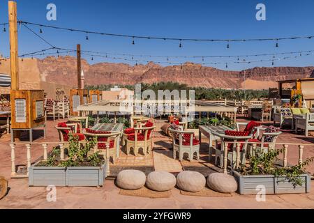 Café in der Al Ula Altstadt, Saudi-Arabien Stockfoto