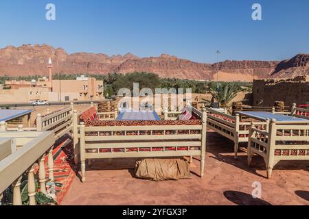 Café in der Al Ula Altstadt, Saudi-Arabien Stockfoto