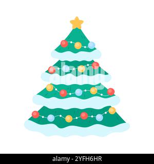 Süßer Weihnachtsbaum. Isolierte Vektordarstellung. Dekorierte Weihnachtstanne, Kiefer oder Fichte. Weihnachtssymbol im Dezember mit Ornamenten für saisonale Designs und Stock Vektor