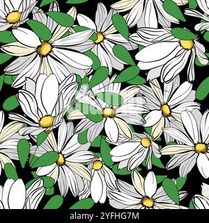 Nahtloses Blumenmuster mit Gänseblümchen-Blumen und Blätter Vektor-Illustration Stock Vektor