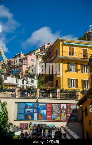 Straßenszene mit farbenfrohen Häusern von Manarola, Cinque Terre, Provinz La Spezia, Teil der Region Ligurien, Norditalien. Stockfoto