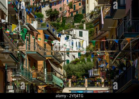 Straßenszene mit farbenfrohen Häusern von Manarola, Cinque Terre, Provinz La Spezia, Teil der Region Ligurien, Norditalien. Stockfoto
