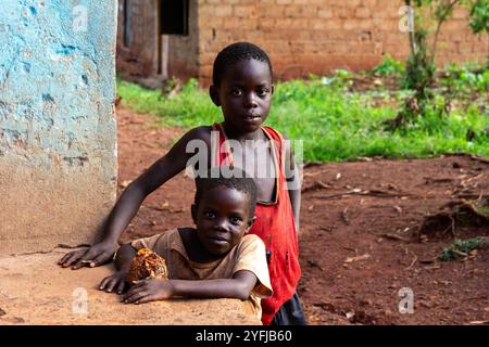 Zwei kleine Jungs. Ugandische Landschaft. Stockfoto