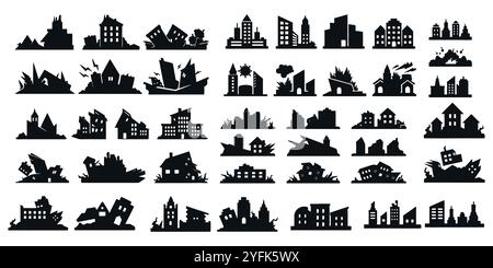 Schwarze Silhouetten zerstörten das Gebäude Stock Vektor