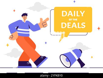 Vektor-Illustration für Daily Deals, in der verschiedene Einkaufsartikel mit steigenden Rabatten dargestellt werden, die sich ideal für Werbeaktionen, Verkäufe und E-Commerce-Hintergrund eignen Stock Vektor