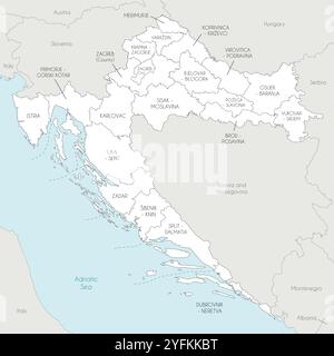 Vektor-Regionalkarte von Kroatien mit Grafschaften, Hauptstädten und Verwaltungseinheiten sowie Nachbarländern und Gebieten. Bearbeitbar und bereinigt Stock Vektor