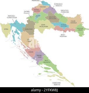 Vektor-Regionalkarte von Kroatien mit Grafschaften, Hauptstadt und Verwaltungseinheiten. Bearbeitbare und klar beschriftete Ebenen. Stock Vektor