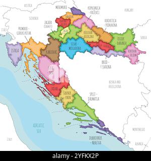 Vektor-illustrierte Regionalkarte Kroatiens mit Grafschaften, Hauptstädten und Verwaltungseinheiten sowie Nachbarländern und Gebieten. Edita Stock Vektor