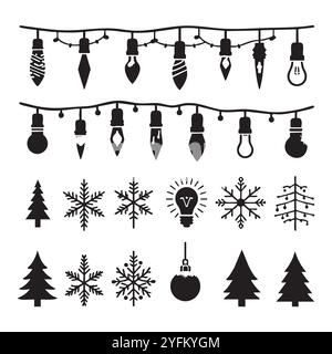 Silhouette Set weihnachtsbeleuchtung auf weißem Hintergrund Stock Vektor