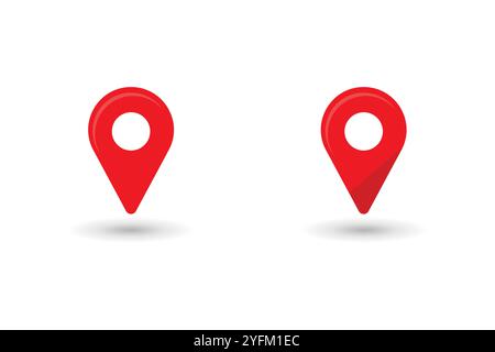 Zwei hellrote Kartensymbole mit weißen Kreisen in der Mitte, die subtile Schatten auf einem sauberen weißen Hintergrund darstellen, die Position und Navigation darstellen Stock Vektor