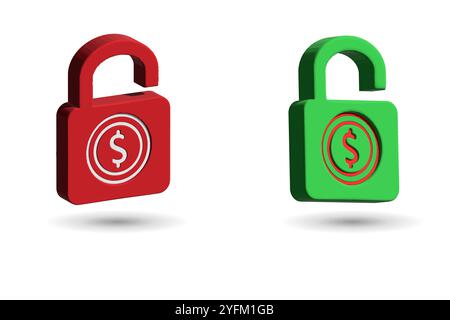 Finanzielle Sicherheit und Zugang zu einem roten, verschlossenen Vorhängeschloss mit einem Dollarzeichen und einem grünen, nicht verschlossenen Vorhängeschloss mit einem Dollarzeichen. Stock Vektor
