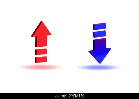 Rote Symbole mit Aufwärtspfeil und blauen Abwärtspfeil, die entgegengesetzte Richtungen und kontrastierende Konzepte auf weißem Hintergrund darstellen Stock Vektor