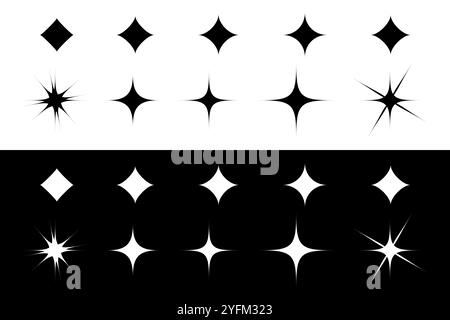 Funkelndes Sternsymbol. Blinkende, sternförmige Taschenlampe. Sternsymbole mit leuchtendem Flare-Effekt. Set funkelnder Sterndiamant-Symbole. Stock Vektor