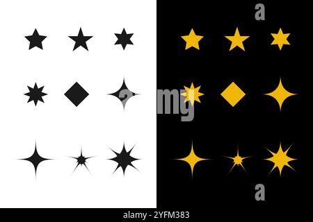 Set mit Glitzer- und Sternsymbolen in Schwarz und Gelb. Stock Vektor