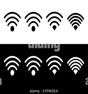 Symbole für Wi-Fi-Signale, Symbole für die drahtlose Internetverbindung, Satz schwarzer Anzeigen für die Signalstärke des Netzwerks auf weißem Hintergrund. Stock Vektor