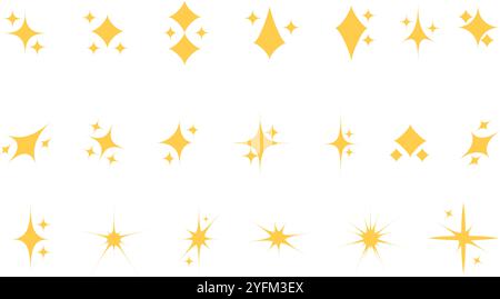 Funkelndes Sternsymbol. Blinkende, sternförmige Taschenlampe. Sternsymbole mit leuchtendem Flare-Effekt. Set funkelnder Sterndiamant-Symbole. Stock Vektor