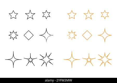 Set mit einfachen Stern- und Glitzersymbolen in Schwarz und Gold. Stock Vektor