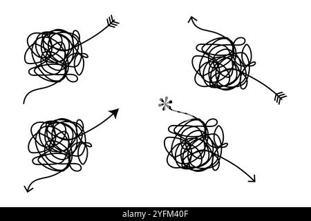 Handzeichnung Knoten Pfeil Doodle Chaos Mindset Wahnsinnige Verwirrung Scribble zufällige chaotische Linien. Stock Vektor