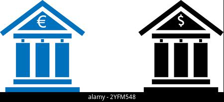 Zwei kontrastierende Banksymbole, Dollar und Euro, für Finanzdesign. Stock Vektor