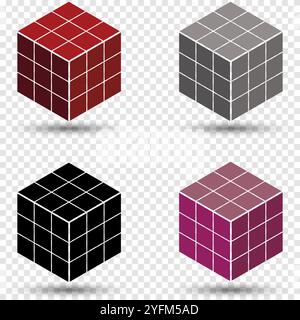 Vier farbcodierte Symbole für 3D-Würfel, die im Hintergrund isoliert sind. Stock Vektor