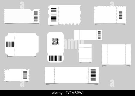 Verschiedene leere Ticket-Vorlagen mit QR-Codes und Barcodes. Stock Vektor