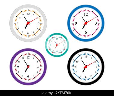 Kollektion minimalistischer, farbenfroher Wanduhren in verschiedenen Farben. Stock Vektor