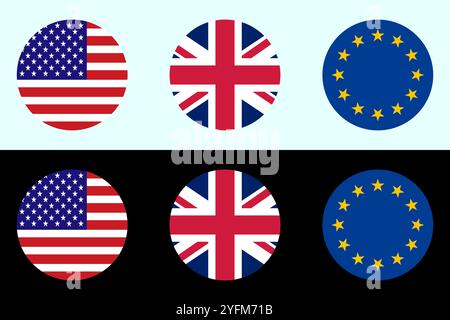 Flaggen der USA, des Vereinigten Königreichs und der EU in einem Raster angeordnet. Stock Vektor