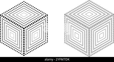 Abstrakter geometrischer Würfel mit kompliziertem Punktmuster. Stock Vektor