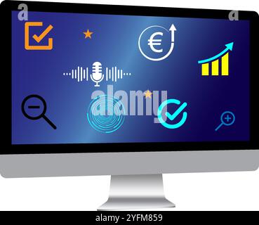 Moderne Computerbildschirmanzeige mit Business-Symbolen für Erfolg und Wachstum. Stock Vektor