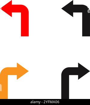 Vier Richtungspfeile im rechten Winkel in Rot, Orange und Schwarz. Stock Vektor