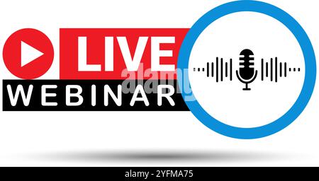 Live-Webinar-Grafik mit Wiedergabetaste und Mikrofon. Stock Vektor