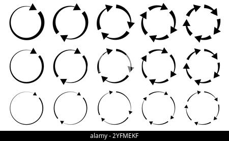 Unterschiedliche kreisförmige und unterschiedliche Dicke kreisförmige Pfeile Zeichensymbole Vektorillustration. Stock Vektor