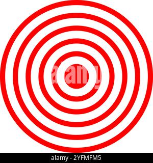 Rote konzentrische Kreise. Symbol für die Schmerzlokalisierung. Symbol für Wunde oder Entzündung. Abdeckungs- oder Vibrationszeichen. Schockwellen-, Radar- oder Tonsignalpiktogramm isoliert auf weißem Hintergrund. Vektorabbildung. Stock Vektor