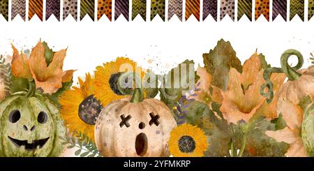 Ein wunderschönes, lebendiges Dekorationsstück mit herbstlichen Kürbissen und fröhlichen Sonnenblumen. Nahtloser Rand in Aquarellfarben. Stockfoto