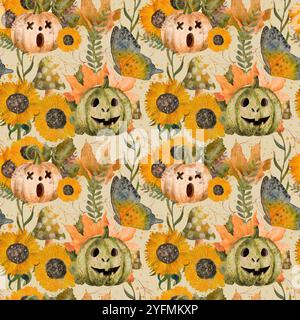 Ein lebendiges und farbenfrohes Muster, das verspielte Kürbisse neben fröhlichen Sonnenblumen zeigt und ideal für Halloween-Dekor ist. Nahtloses Aquarellmuster für den Druck auf Stoff und Papier. Stockfoto