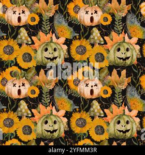 Dieses farbenfrohe Muster mit verspielten Kürbissen und fröhlichen Sonnenblumen ist perfekt für Halloween-Dekorationen. Nahtloses Aquarellmuster für den Druck auf Stoff und Papier. Stockfoto